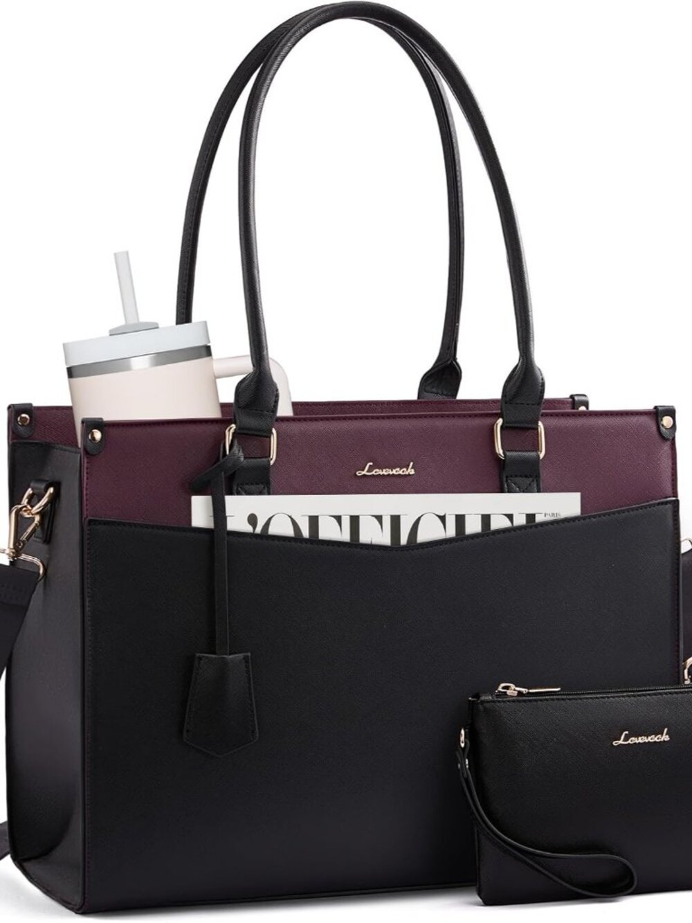 Laptop Bag for Women, 2-in-1 Tote Purse with Clutch & Cup Holder, Waterproof Bri
